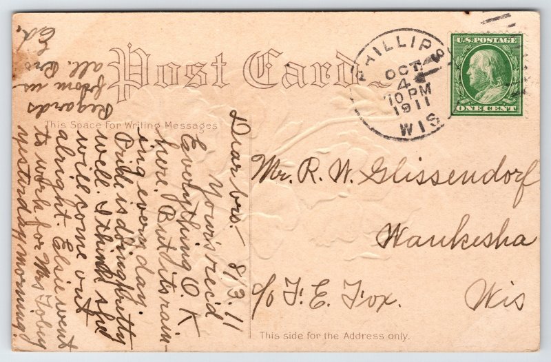 Greetings~Gold Letters~Yellow & Red-Orange Flowers On White Bkgd~PM 1911 PC