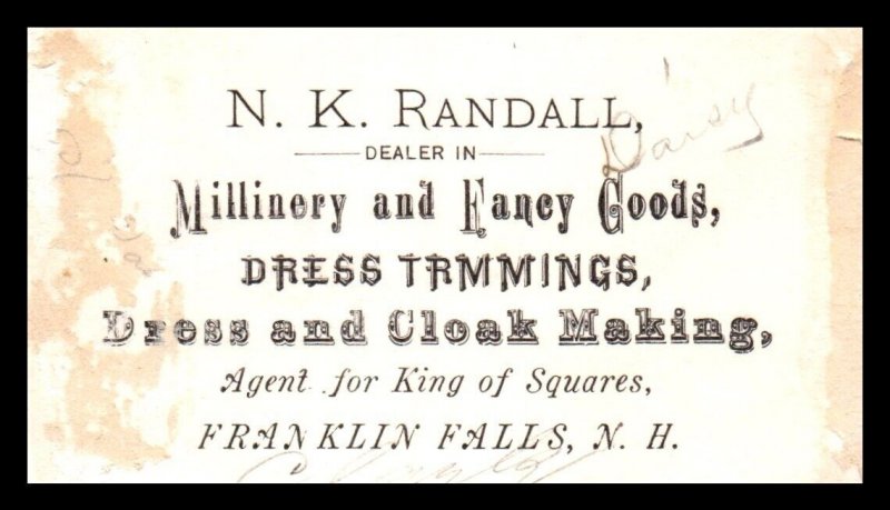 1880s - 1890s N. K. Randall Millinery Dresses Franklin Falls NH Business Card Ad