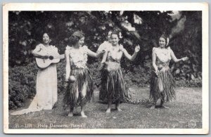 Honolulu Hawaii 1940s Postcard Hula Girl Dancers Guitar Grass Skirts