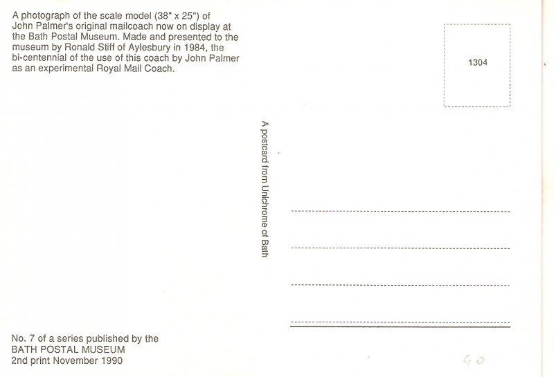 Scale model  of original Mailcoach  Nice modern postcard by Bath Postal Museum