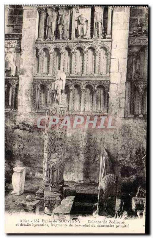 Souvigny Old Postcard Column details of the zodiac and Byzantine fragments of...