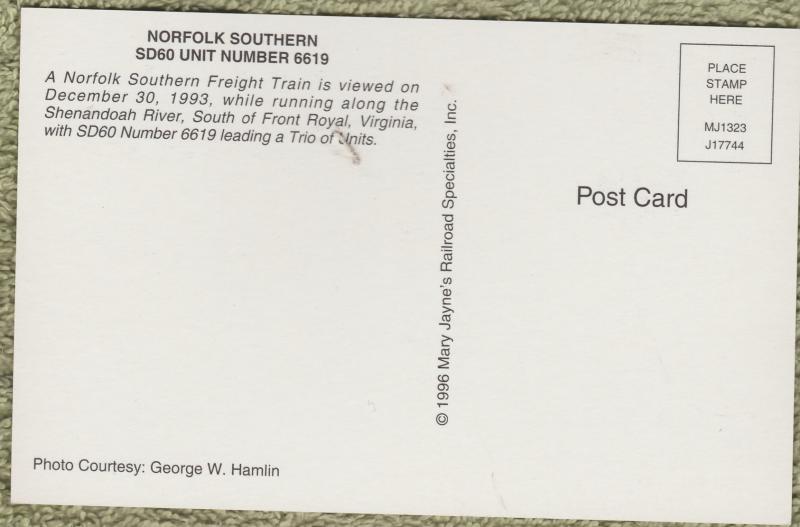 Postcard Norfolk Southern SD60 Unit No. 6619 Freight Railroad Train