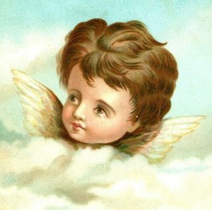 c1880s Giant Cherub Cupid Head in Clouds Wings Trade Card Cute Litho Sky Vtg C12