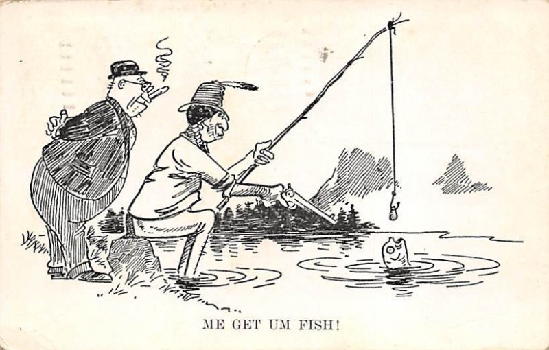 Indian with a Fish on the Line and a Gun Comic Fishing Unused