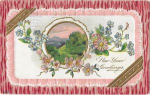 New Year Greetings Dogwood Blue Bells Gold Touches Embossed 1912