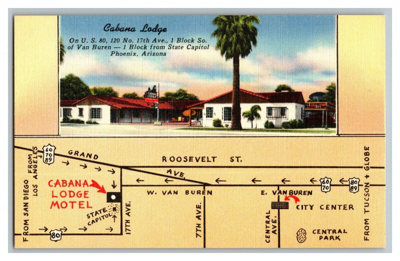 Postcard AZ Cabana Lodge Motel Phoenix Arizona Map 