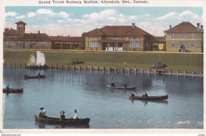 ALLANDALE, Ontario, Canada, 1910-1930s; Grand Trunk Railway Station, Rowboats