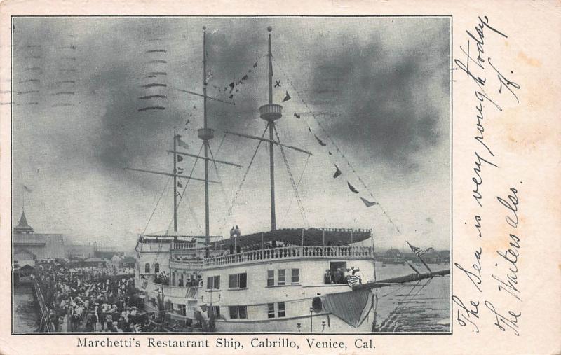 Marchetti's Restaurant Ship, Cabrillo, Venice, California, 1906 Postcard, Used