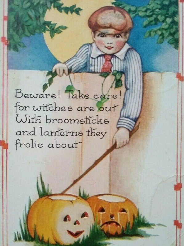 Vintage Halloween Postcard Whitney Boy Behind Fence JOL Hyattsville MD Original