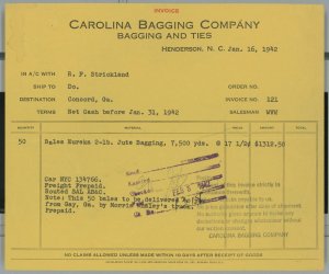 1942 Carolina Bagging Company Bagging and Ties Henderson, NC Jute Bagging 150 