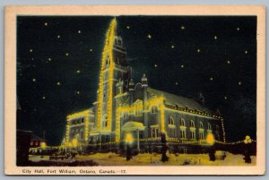 Postcard Fort William Ontario c1930s City Hall at Night Winter Scene Lights PECO