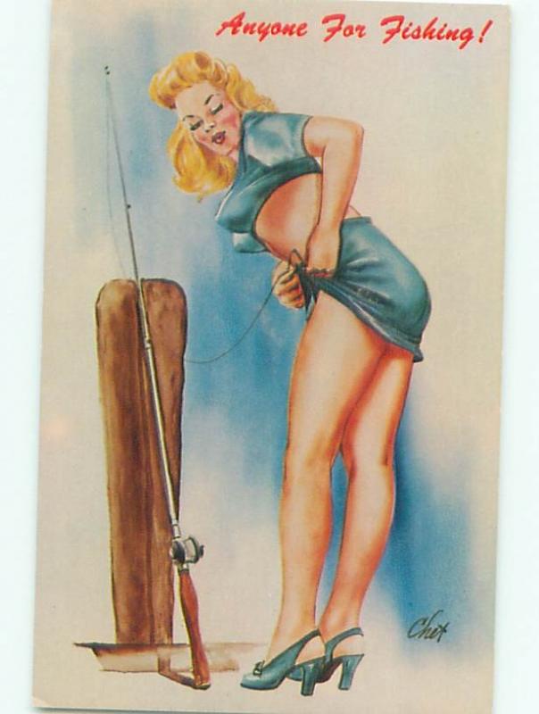 Pre-1980 Risque Comic fishing SEXY GIRL SNAGS MINISKIRT WITH FISH HOOK AB7081