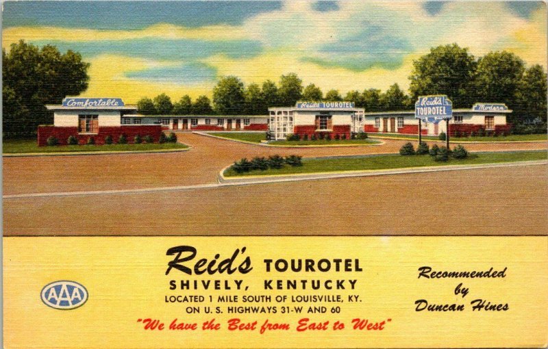 Vintage Postcard Reid's Tourotel Shively Kentucky Duncan Hines AAA Unposted  281