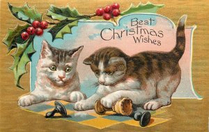 Embossed Christmas Postcard Xmas Cats 2 Tabby Cats Play Chess in Vignette