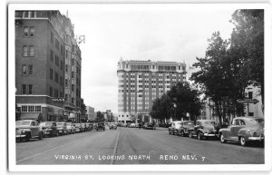 RPPC RENO, NV Virginia Street Scene Drug Store 1940s Cars Vintage Photo Postcard