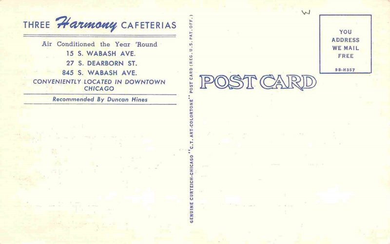 Harmony Cafeteria Restaurant Interior Chicago Illinois 1950s linen postcard