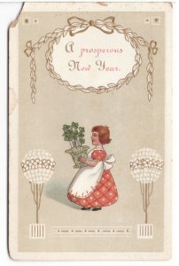 A Prosperous New Year, Girl With Flowers, Vintage Embossed Greetings Postcard