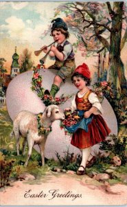 1910s Easter Greetings Children with a Giant Egg and a Lamb Embossed Postcard