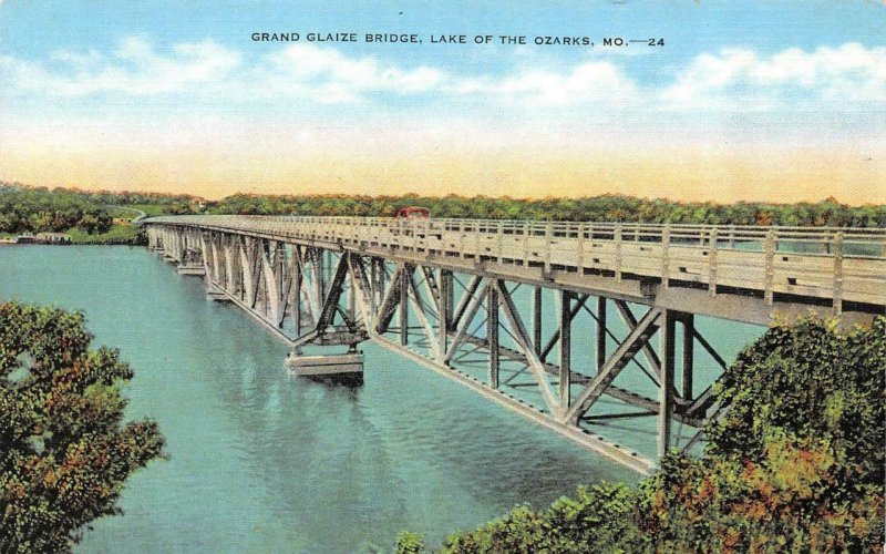 MO, Missouri GRAND GLAIZE BRIDGE~Lake Of The Ozarks c1940's Kropp Linen Postcard