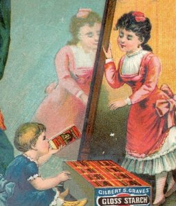 1882 Pocket Calendar Gilbert S. Graves' Gloss Starch Lady & Baby Big Mirror P204