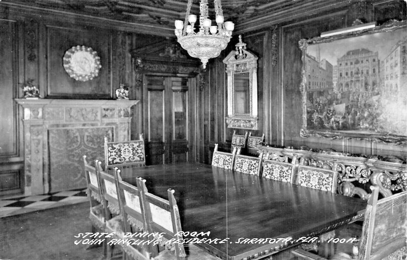 SARASOTA FL~JOHN RINGLING RESIDENCE-STATE DINING ROOM~1940s REAL PHOTO POSTCARD