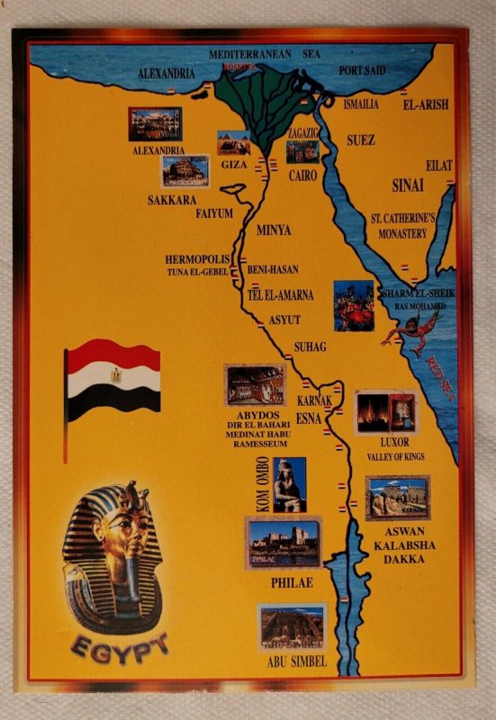 New Egypt Map Giza Tut Nile River Cairo Alexandria Postcard Unposted