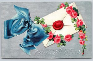 Flower Greetings~Blue Bow~Rosettes~Card~Wax Seal~Silver~c1910 Vintage Postcard