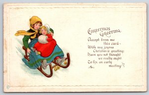 Holiday~Christmas Greeting~Children On Sled Scene~PM 1920~Emb~Vintage Postcard