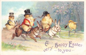 Easter Greetings Dressed Chicks Ride Rabbits, International Art Publishing Co. P