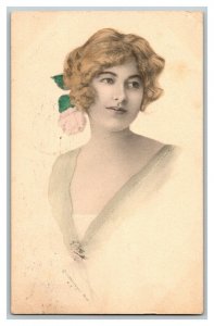 Vintage 1914 Postcard Schlesinger Brothers Woman with Pink Flower in Hair NICE