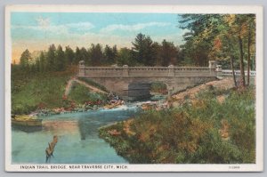 Traverse City Michigan~Indian Trail Bridge & Canoe~CT American Art~Vintage PC