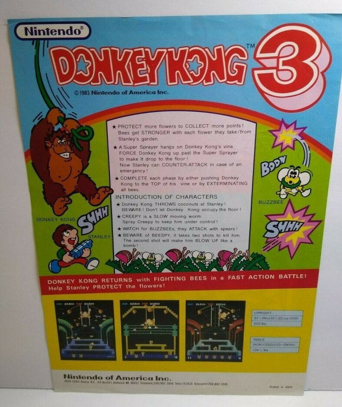 Nintendo Donkey Kong 3 Arcade FLYER Original 1983 Video Game Art Print Retro 