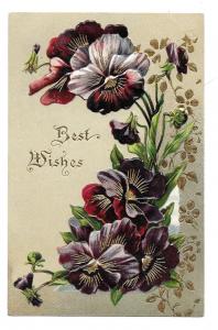 'Best Wishes' unmailed Greeting Post Card, Embossed gilt edged Flowers