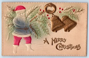 Merry Christmas Santa Claus Ringing Bells Berries Airbrushed Embossed Postcard