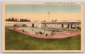 White's City NM~Swimming Pool~Guests in Lawn Chairs~Bath House~1954 Linen