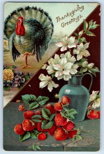 1909 Thanksgiving Greetings Turkey And Flowers Strawberries Embossed Postcard