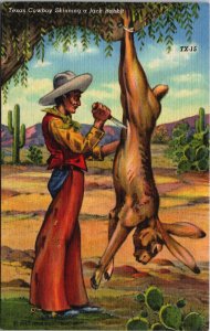 Texas Cowboy Skinning Jack a Rabbit Texas Linen Postcard C087