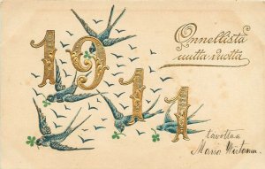 Embossed Postcard Onnellista uutta Vuotta Finland New Year Date Gold 1911 Birds