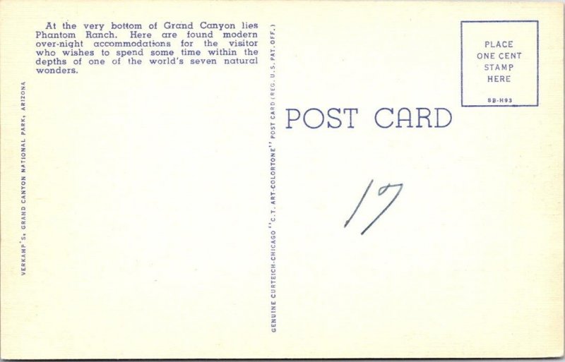 Grand Canyon, AZ Arizona PHANTOM RANCH Cabin/Guest Lodge ca1940's Linen Postcard