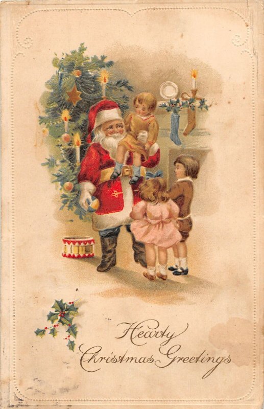 J64/ Santa Claus Christmas Postcard c1910 Children Drum Stockings 112