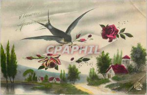 Old Postcard Happy Birthday Bird Swallow