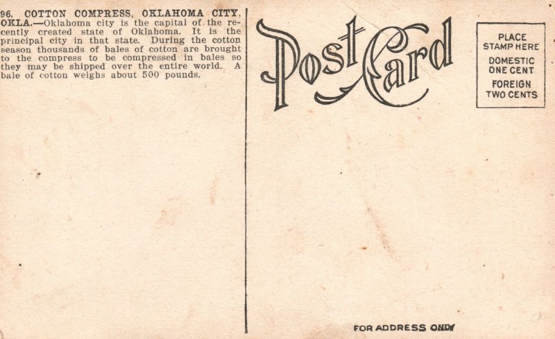 Vintage Postcard 1910's Cotton Compress Oklahoma City Okla. OK