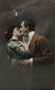 1915 Fondest Love Sweet Couple Lovers Kissing Scene Romance Art Vintage Postcard