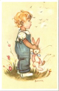 Alfred Mainzer LITTLE GIRL With TOY BUNNY Bonnie #573 Belgium Printed Postcard