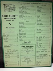 Vintage 40s HOTEL CLEMENT Restaurant Menu Coffee Shop Opelika Alabama Rare