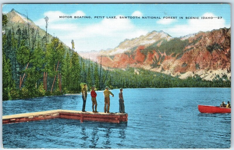 c1940s ID Petit Lake Motor Boating Sawtooth National Forest Linen Men Pier A292