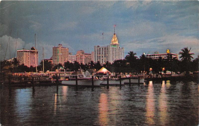 Miami Florida~Skyline & Marina @ Night~Pleasure Boats~1955 Postcard