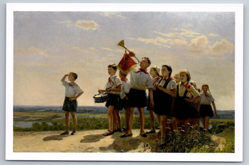 Happy by Belyaev Pioneer Kids Horn Drum Socialist Realism Russian postcard