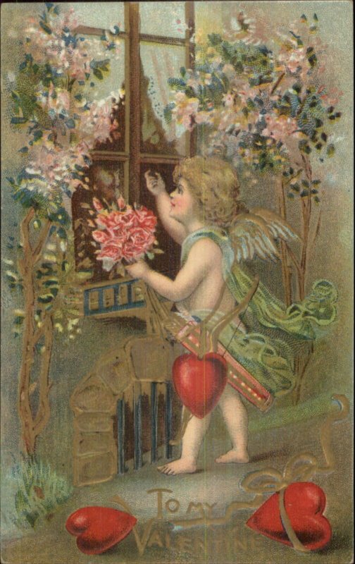 Valentine - Cupid Knocks on Window - Flowers c1910 Embossed Postcard
