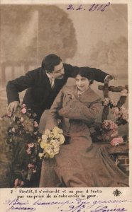 VINTAGE POSTCARD MAN ATTEMPTING TO EMBRACE WOMAN MAILED 1905 - 4 CANCELS RARE